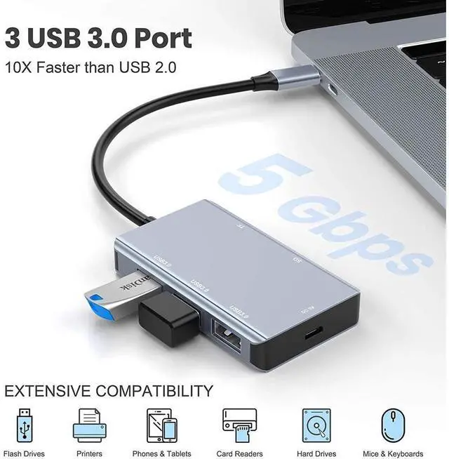 Alt view image 3 of 7 - 5-in-1 USB C Hub with SD Card Reader, USB C to SD Card Reader Adapter with 3 USB 3.0 Port & 5V Power Supply, 2TB Capacity Memory Card for MacBook Camera Android Windows Linux and Other Type C Device