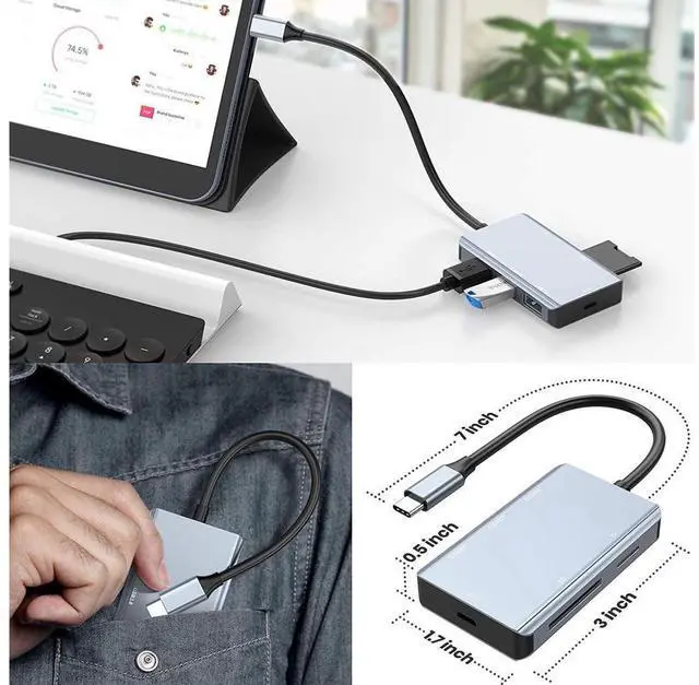 Alt view image 6 of 7 - 5-in-1 USB C Hub with SD Card Reader, USB C to SD Card Reader Adapter with 3 USB 3.0 Port & 5V Power Supply, 2TB Capacity Memory Card for MacBook Camera Android Windows Linux and Other Type C Device