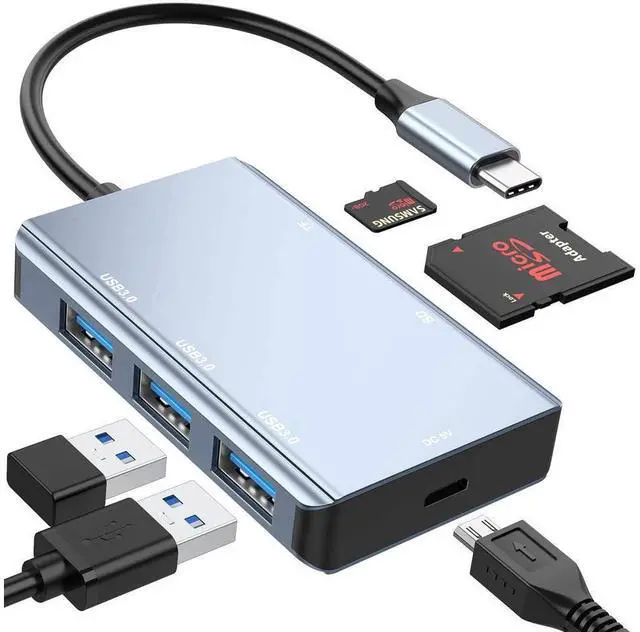 Main image of 5-in-1 USB C Hub with SD Card Reader, USB C to SD Card Reader Adapter with 3 USB 3.0 Port & 5V Power Supply, 2TB Capacity Memory Card for MacBook Camera Android Windows Linux and Other Type C Device
