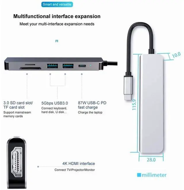 Alt view image 2 of 7 - USB C Hub, 6-in-1 USB Type C Adapter with 4K HDMI Port, PD Port, 2 USB 3.0 Ports, TF/SD Card Reader for Apple MacBook Pro, iPad Pro, Surface, Chromebook and More USB C Devices eokCXOY