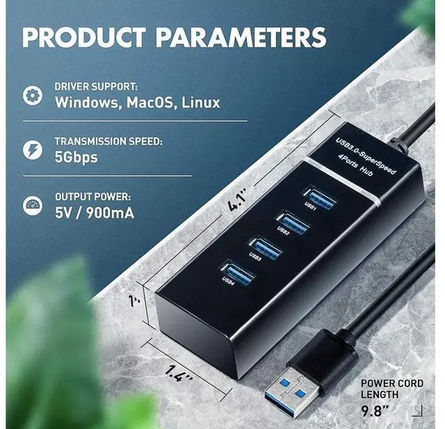 Alt view image 2 of 7 - 4 Ports USB 3.0 Hub Adapter,USB Splitter Compatible for USB Flash Driver, Laptop,Keyboard,Notebook PC,Mouse,Table,Printer,PS4,Xbox One,MacBook Air/Pro/Mini (0.98FT Extended Cable) eokCXOY