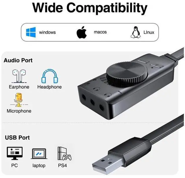Alt view image 7 of 7 - Virtual 7.1 USB Sound Card Adapter BENGOO External Audio Adapter Stereo Sound Card Converter 3.5mm AUX Microphone Jack for Gaming Headset Earphone PS4 Laptop Desktop Windows Mac OS Linux, Plug Play