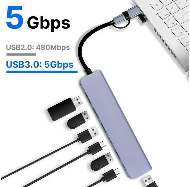Alt view image 7 of 7 - Aluminum 7 in 2 USB C Splitter USB HUB with with 1 * USB 3.0 port and 4 * USB 2.0 ports, 1 * Type C data port and 1*type C 5W power for PC Laptops Desktops eokCXOY