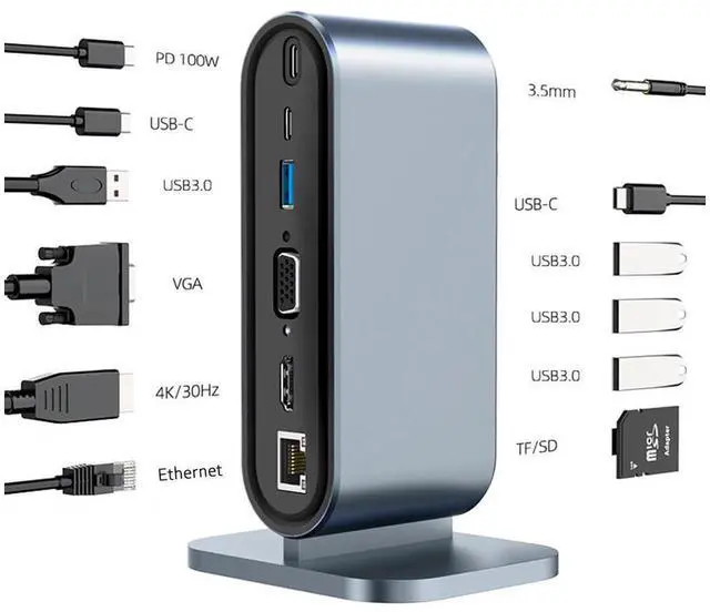 Main image of 12 in 1 USB Type C Hub Type-C to 2 HDMI 4K VGA Adapter RJ45 Lan Ethernet SD TF PD USB-C 3.0 3.5mm Audio/Mic eokCXOY