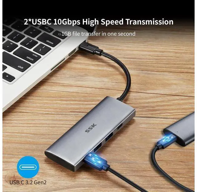 Alt view image 4 of 6 - SSK USB C 10Gbps Hub, 4-in-1 SuperSpeed USB 10Gbps Type C Multiport Adapter with 2 USB C 2 USB A 3.1/3.2 Gen2 10Gbps Ports,USB C Dock for iMac/MacBook/Pro/Air/Surface Pro and More Type C Devices