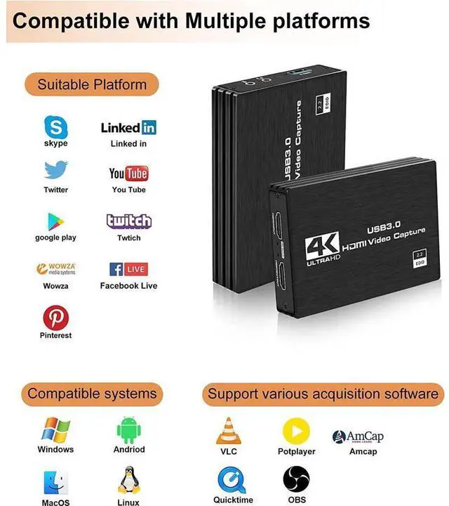 Alt view image 6 of 7 - 4K Video Capture Card, HDMI to USB/Type-C Video Capture Device,1080p 60fps Game Capture Card for Live Streaming/Video Recording/Screen Sharing/Game Playing, Recording Work with PC/PS4/XBOX/Switch/DSLR