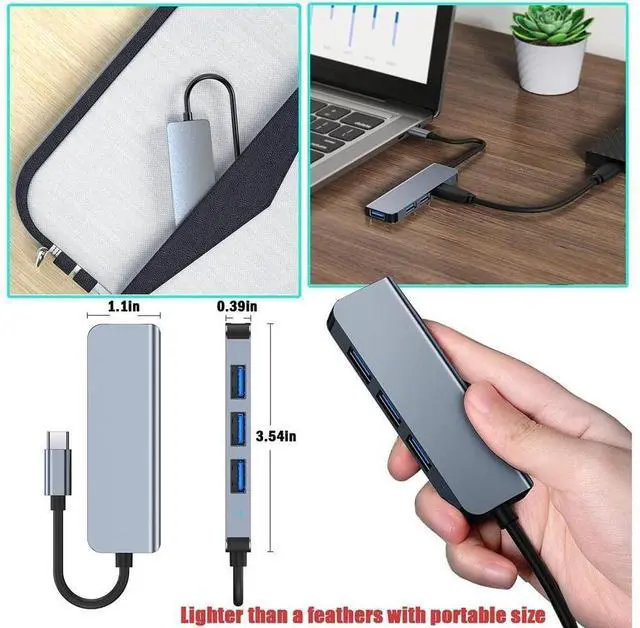 Alt view image 3 of 7 - 4-in-1 USB-C Hub Aluminum USB Type C to USB Adapter with USB 3.0/2.0 Ports (Ultra-Slim),Suitable for MacBook Pro, Chromebook, XPS, Laptop, PC, Surface Pro, Mobile HDD and More