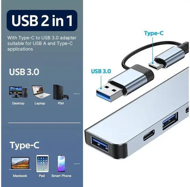Alt view image 2 of 7 - Aluminum 7 in 2 USB C Splitter USB HUB with with 1 * USB 3.0 port and 4 * USB 2.0 ports, 1 * Type C data port and 1*type C 5W power for PC Laptops Desktops eokCXOY