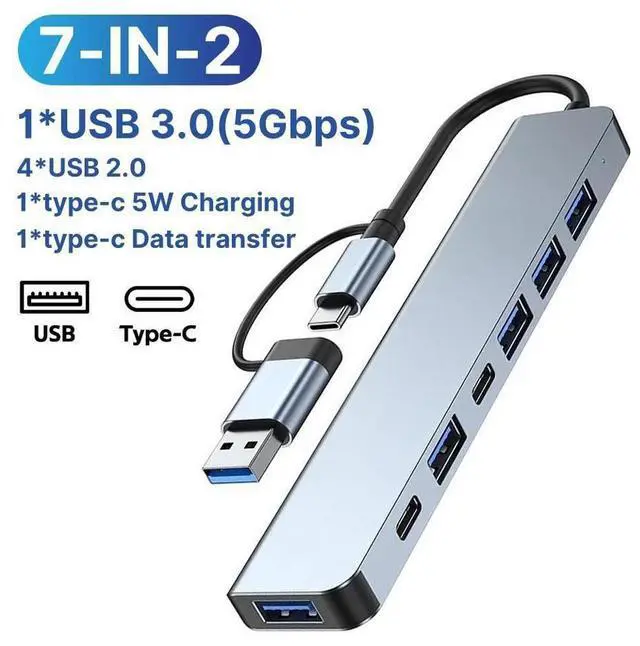 Main image of Aluminum 7 in 2 USB C Splitter USB HUB with with 1 * USB 3.0 port and 4 * USB 2.0 ports, 1 * Type C data port and 1*type C 5W power for PC Laptops Desktops eokCXOY