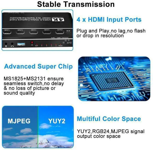 Alt view image 7 of 7 - 2023 4 Port 4K Video Capture Card USB 3.0 HDMI-compatible Grabber Recorder HDMI Seamless Switch for Camera Recording Live Streaming eokCXOY