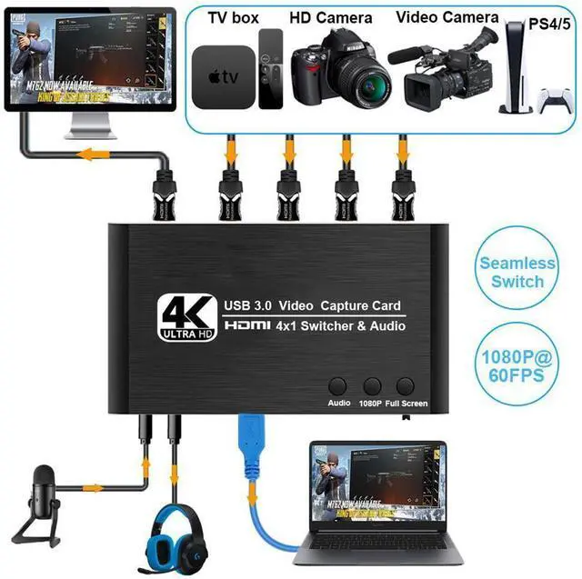 Alt view image 5 of 7 - 2023 4 Port 4K Video Capture Card USB 3.0 HDMI-compatible Grabber Recorder HDMI Seamless Switch for Camera Recording Live Streaming eokCXOY