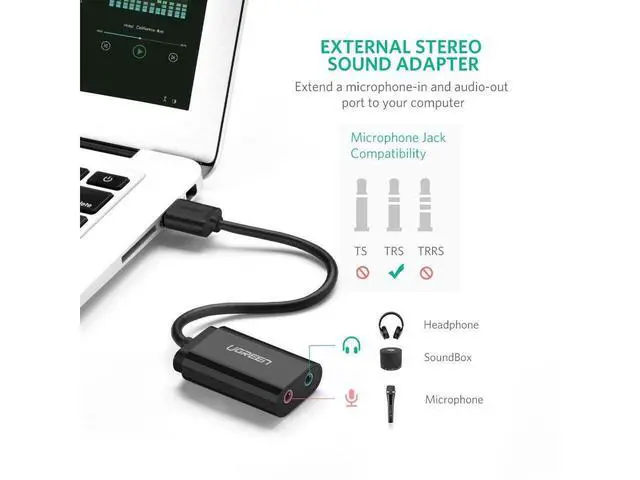 Alt view image 3 of 7 - USB External sound card USB To 3.5mm Jack Femal Earphone Mic headset Adapter 2 Hole Audio Card For Speaker Laptop PS4 PC, Black eokCXOY