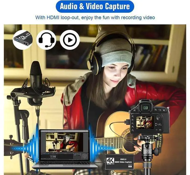 Alt view image 6 of 7 - 4K 60hz Loop HDMI Capture Card Placa de Video Recording Plate Live Streaming USB 2.0 3.0 1080p 60FPS Grabber with Micr & HDMI Loop-Out, for PS4 Game DVD Camera (OZC3) eokCXOY