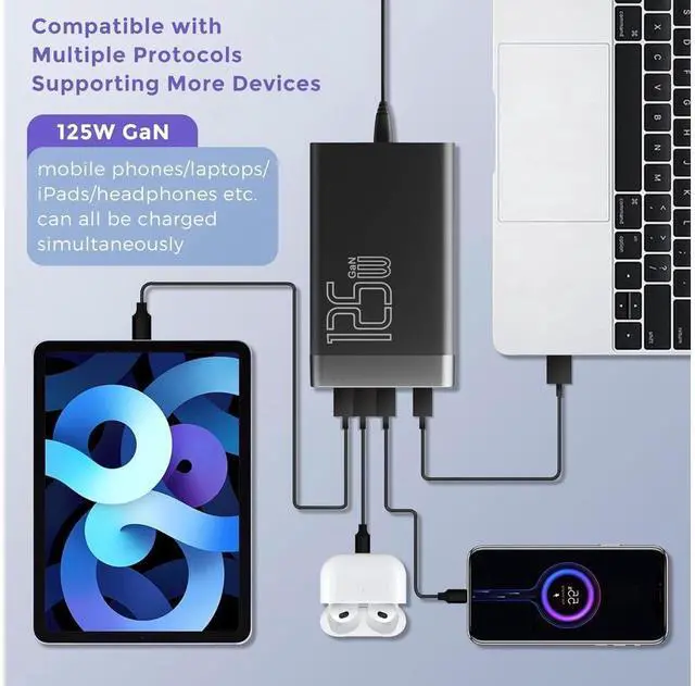 Alt view image 3 of 7 - 125W GaN 5-Port USB Charger, USB Fast Charging Station, Multi Ports USB Charging Hub with LED Display, Compatible with i-Phone15/14/Pro/13/12,Ga-laxy S23/S22/S21, Note 20 Ultra, L-G, H-T-C, and More