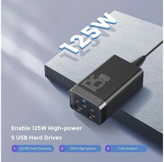 Alt view image 5 of 7 - 125W GaN 5-Port USB Charger, USB Fast Charging Station, Multi Ports USB Charging Hub with LED Display, Compatible with i-Phone15/14/Pro/13/12,Ga-laxy S23/S22/S21, Note 20 Ultra, L-G, H-T-C, and More