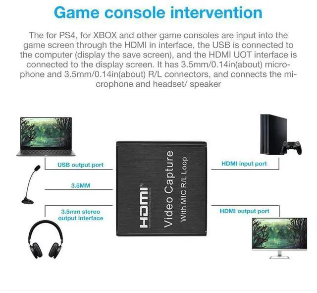 Alt view image 5 of 7 - 4K Video Capture Card with HDMI Loop 3.5mm R/L Stereo/MIC Output HD 1080P Broadcast Live, Game Capture Cards HDMI to USB , Record via DSLR, Camcorder, Camera, PS4, Xbox one, Wii U, Nintendo Switch