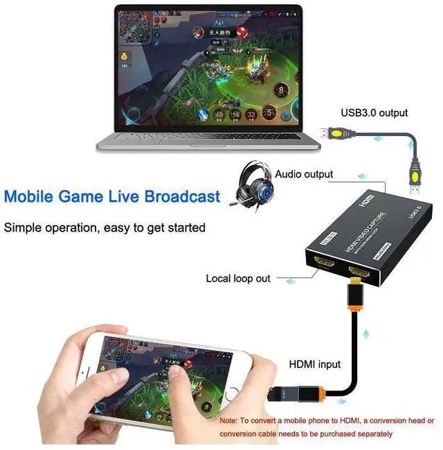 Alt view image 4 of 7 - 4K HDMI Video Capture Card USB3.0 1080p 60Hz Capture Card Screen Dongle Game Streaming Live Broadcasts Video Recording With Video HDMI Loop Out Audio Microphone Input For Linux Mac OS Windows PS4