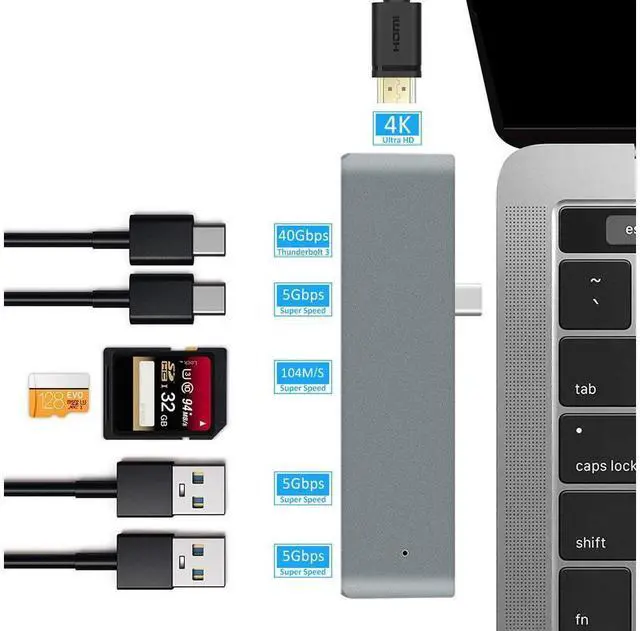 Alt view image 3 of 6 - USB C Hub 7-in-1 Type-C Adapter Hub Connect USB 3.0, 4K HDMI Port, SD and MicroSD Card, 40Gbps Thunderbolt 3 Port, USB C Power Delivery for MacBook 2016/2017 and More USB C Devices-Silver eokCXOY
