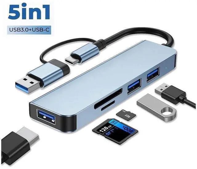 Main image of [5 in 1] USB & Type C Hub, Multiple USB Hub 3.0 & TF/SD Card Reader, USB Splitter 5 Ports USB Extender Compatible with Mac-Book/Pad Pro/Dell/HP Laptop/Phones eokCXOY
