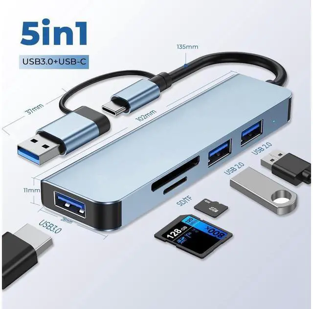 Alt view image 3 of 7 - [5 in 1] USB & Type C Hub, Multiple USB Hub 3.0 & TF/SD Card Reader, USB Splitter 5 Ports USB Extender Compatible with Mac-Book/Pad Pro/Dell/HP Laptop/Phones eokCXOY