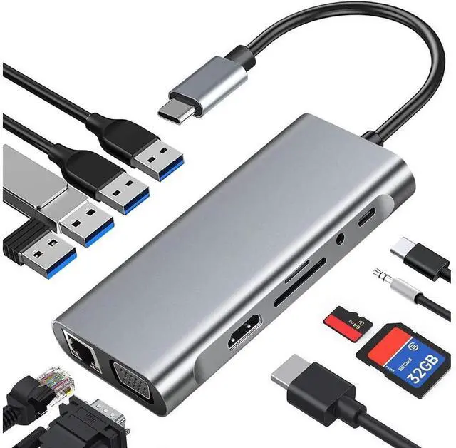 Main image of USB C Hub, 11 in 1 USB C Dock Multiport USB C Dongle with 4K HDMI, VGA, 10/100Mbps RJ45 Ethernet Adapter Port, 100W PD, 4 USB Ports, SD/TF Card Reader, 3.5mm Audio Port for MacBook, XPS, and More