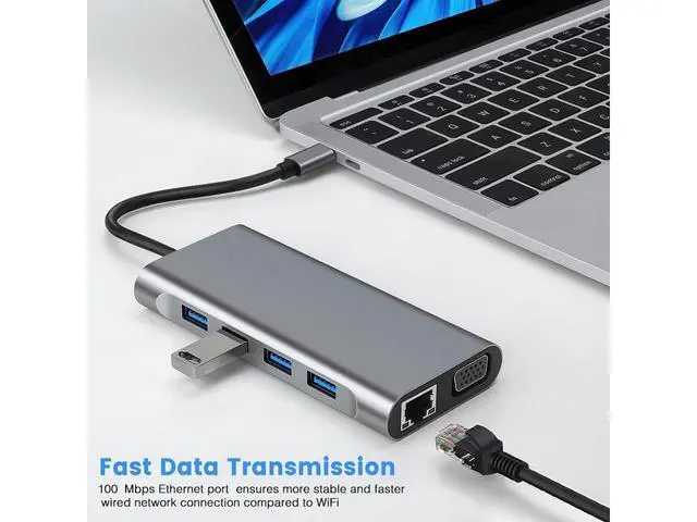Alt view image 3 of 7 - USB C Hub, 11 in 1 USB C Dock Multiport USB C Dongle with 4K HDMI, VGA, 10/100Mbps RJ45 Ethernet Adapter Port, 100W PD, 4 USB Ports, SD/TF Card Reader, 3.5mm Audio Port for MacBook, XPS, and More