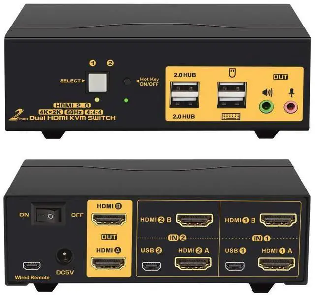 Main image of 2 Port HDMI KVM Switch HDMI Dual Monitor 4K @60Hz YUV 4:4:4 with Audio Outputs, KVM Switch for 2 Computers 2 Monitors with USB 2.0 HUB and Cables