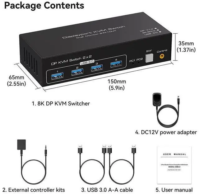 Alt view image 7 of 7 - 2 Port Dual Monitor Displayport KVM Switch for 2 Computers 2 Monitors Share Keyboard Mouse Printer, Displayport1.4 USB3.0 KVM Switch Support 4K @120Hz 8K @60Hz with 4x USB 3.0 Support Desktop Control