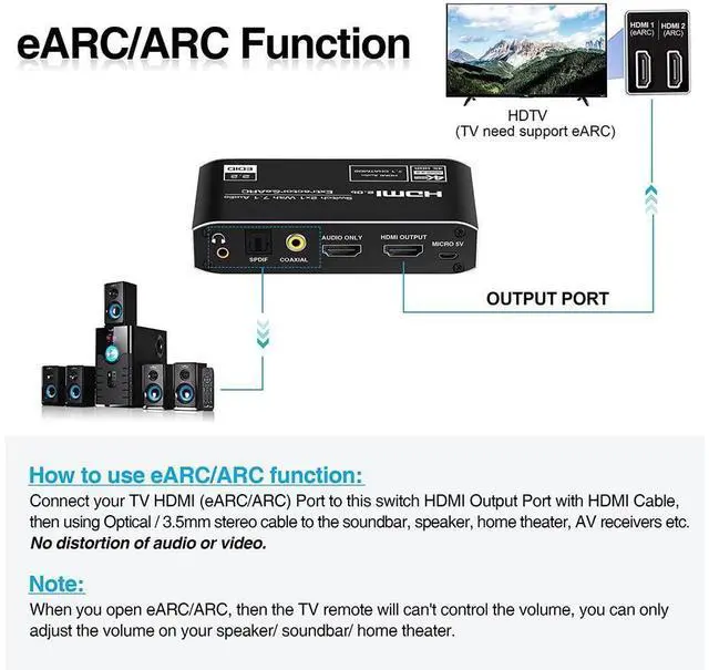 Alt view image 4 of 7 - 4K @60Hz eARC HDMI Swtich Audio Extractor, 2x1 HDMI Audio Converter with Remote Control, 7.1CH Atmos/ eARC/ARC/ Optical Toslink SPDIF/ Coaxial/ 3.5mm Audio Out, Supports HDCP2.3, HDMI2.0b eokCXOY