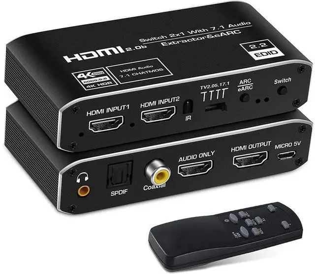 Main image of 4K @60Hz eARC HDMI Swtich Audio Extractor, 2x1 HDMI Audio Converter with Remote Control, 7.1CH Atmos/ eARC/ARC/ Optical Toslink SPDIF/ Coaxial/ 3.5mm Audio Out, Supports HDCP2.3, HDMI2.0b eokCXOY