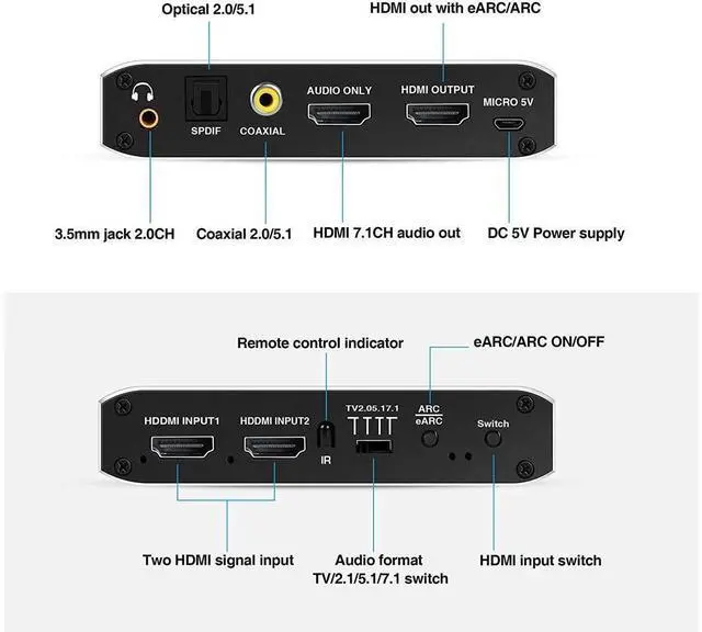 Alt view image 2 of 7 - 4K @60Hz eARC HDMI Swtich Audio Extractor, 2x1 HDMI Audio Converter with Remote Control, 7.1CH Atmos/ eARC/ARC/ Optical Toslink SPDIF/ Coaxial/ 3.5mm Audio Out, Supports HDCP2.3, HDMI2.0b eokCXOY