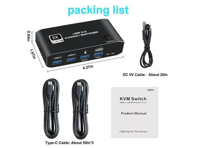 Alt view image 7 of 7 - 2 in 1 Out HDMI KVM Switch, 8K USB Switch 2x1 HDMI2.1 Ports + 4x USB3.0 KVM Ports, Share 2 Computers one Monitor Switch,Supports 8K @60Hz,4K @120Hz,YUV 4:4:4, HDCP 2.3, H-D-R 10, Hotkey, Darkish