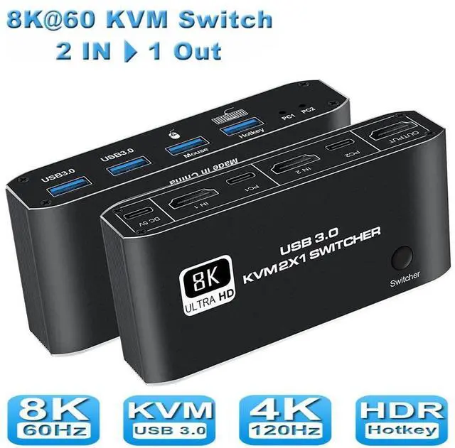 Main image of 2 in 1 Out HDMI KVM Switch, 8K USB Switch 2x1 HDMI2.1 Ports + 4x USB3.0 KVM Ports, Share 2 Computers one Monitor Switch,Supports 8K @60Hz,4K @120Hz,YUV 4:4:4, HDCP 2.3, H-D-R 10, Hotkey, Darkish