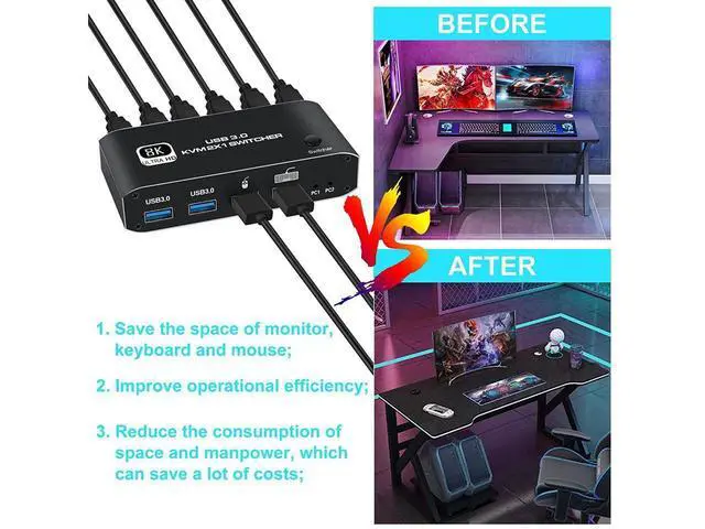 Alt view image 3 of 7 - 2 in 1 Out HDMI KVM Switch, 8K USB Switch 2x1 HDMI2.1 Ports + 4x USB3.0 KVM Ports, Share 2 Computers one Monitor Switch,Supports 8K @60Hz,4K @120Hz,YUV 4:4:4, HDCP 2.3, H-D-R 10, Hotkey, Darkish
