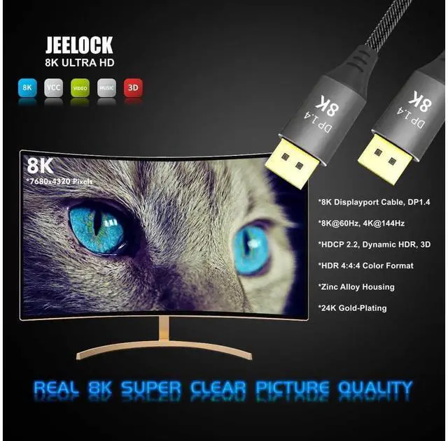Alt view image 4 of 7 - DisplayPort 1.4 Cable M/M DP 8K@60Hz 4K@144 DP1.4 Cable DP Gold-plated DisplayPort Cable, 7680x4320 Resolution, 8K@60Hz, 4K@144Hz, 32.4Gbps, HDP, HDCP for PC, Laptop, HDTV, DP to DP Cable, 6.6ft