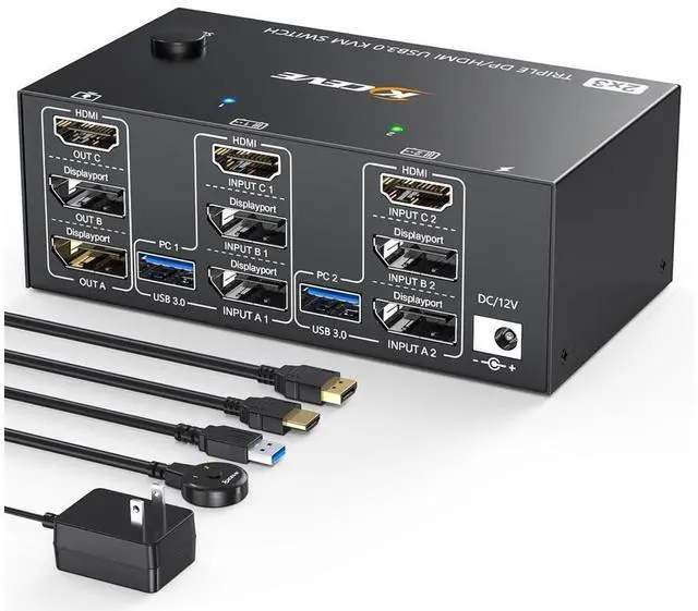 Main image of Triple Monitors KVM Switch 2 Displayport + HDMI USB 3.0 KVM Switch 8K@60Hz,4K@144Hz 3 Monitors 2 Computers KVM Switch with 4 USB 3.0 Ports Included KVM Cables, HDMI 8K@60Hz/4K@60Hz,DP 8K@30Hz/4K@144Hz