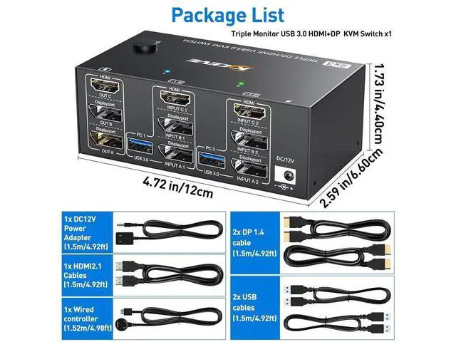 Alt view image 7 of 7 - Triple Monitors KVM Switch 2 Displayport + HDMI USB 3.0 KVM Switch 8K@60Hz,4K@144Hz 3 Monitors 2 Computers KVM Switch with 4 USB 3.0 Ports Included KVM Cables, HDMI 8K@60Hz/4K@60Hz,DP 8K@30Hz/4K@144Hz