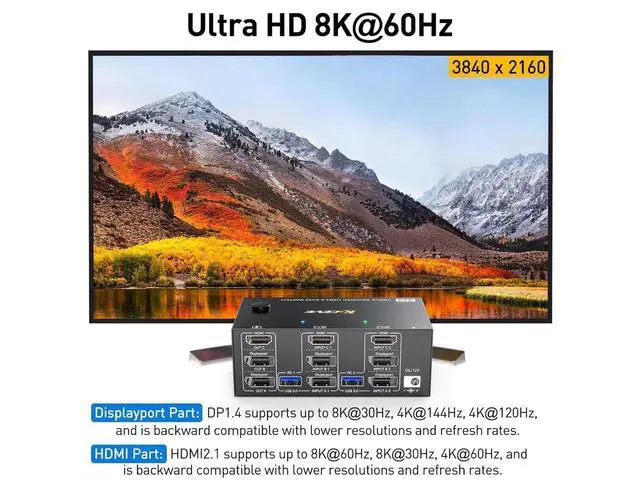 Alt view image 4 of 7 - Triple Monitors KVM Switch 2 Displayport + HDMI USB 3.0 KVM Switch 8K@60Hz,4K@144Hz 3 Monitors 2 Computers KVM Switch with 4 USB 3.0 Ports Included KVM Cables, HDMI 8K@60Hz/4K@60Hz,DP 8K@30Hz/4K@144Hz