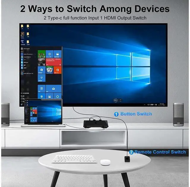 Alt view image 6 of 7 - USB C KVM Switcher 4K @60Hz, 2 in 1 Out Type-C KVM Switch for 2 Computers Share 1 HDMI Monitor + 3 USB Input + 2 PD 60W Input + Audio Microphone Output, USB C KVM with 2 USB-C Cables and Wired Remote