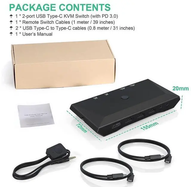 Alt view image 7 of 7 - USB C KVM Switcher 4K @60Hz, 2 in 1 Out Type-C KVM Switch for 2 Computers Share 1 HDMI Monitor + 3 USB Input + 2 PD 60W Input + Audio Microphone Output, USB C KVM with 2 USB-C Cables and Wired Remote