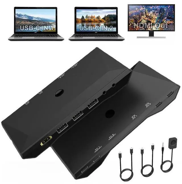 Main image of USB C KVM Switcher 4K @60Hz, 2 in 1 Out Type-C KVM Switch for 2 Computers Share 1 HDMI Monitor + 3 USB Input + 2 PD 60W Input + Audio Microphone Output, USB C KVM with 2 USB-C Cables and Wired Remote