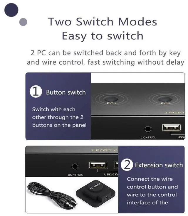 Alt view image 5 of 7 - DisplayPort KVM Switch 2 Port, KVM Switch DisplayPort for 2 Computers Sharing 1 Monitor and 3 USB Devices, Support 4K @60Hz, 2K(2560X1440) @120Hz, with Extended Control Switch and 2 USB Cables eokCXOY
