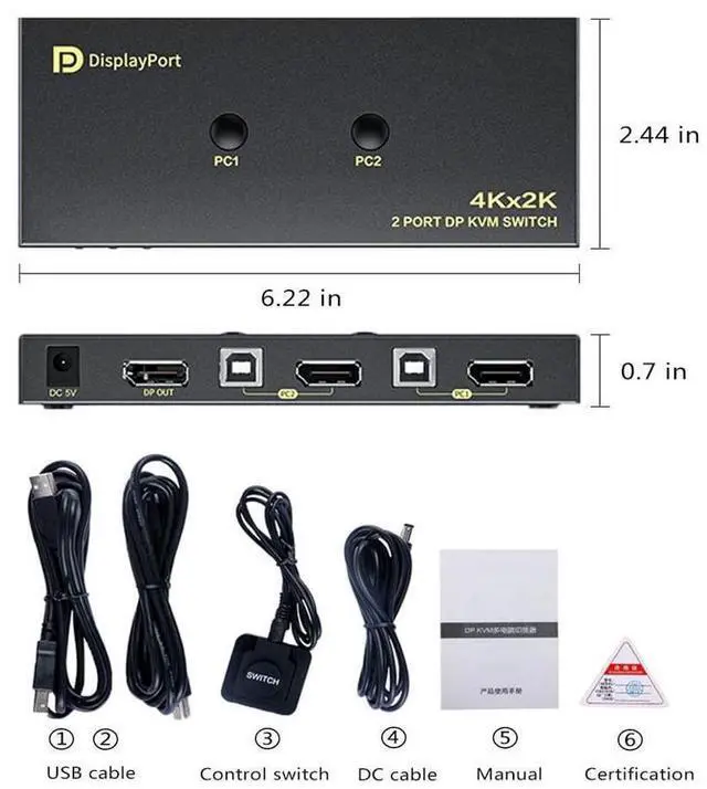 Alt view image 7 of 7 - DisplayPort KVM Switch 2 Port, KVM Switch DisplayPort for 2 Computers Sharing 1 Monitor and 3 USB Devices, Support 4K @60Hz, 2K(2560X1440) @120Hz, with Extended Control Switch and 2 USB Cables eokCXOY