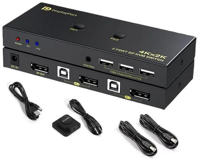 Main image of DisplayPort KVM Switch 2 Port, KVM Switch DisplayPort for 2 Computers Sharing 1 Monitor and 3 USB Devices, Support 4K @60Hz, 2K(2560X1440) @120Hz, with Extended Control Switch and 2 USB Cables eokCXOY