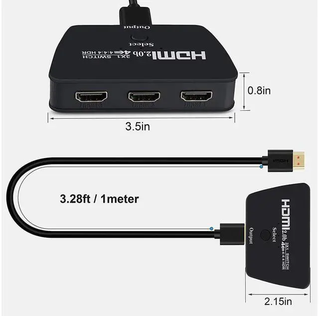 Alt view image 2 of 7 - 4K@60Hz HDMI Switchwith 3.9FT HDMI Cable, HDMI Switch 3 in 1 Out, 3-Port HDMI Switcher Selector, Supports 4K, 3D, HDCP2.2, HDMI2.0, HDR, for Fire Stick 4K, HDTV, PS4/5, Game Consoles, PC eokCXOY