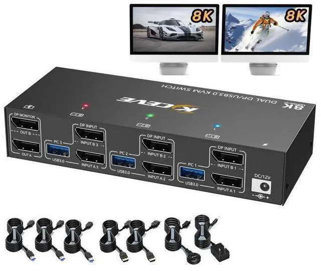 Main image of Dual Monitor Displayport KVM Switch 8K@30Hz 4K@144Hz, USB 3.0 KVM Switches 3 Computers 2 Monitors Displayport 1.4 with 4 USB 3.0 Ports for USB Devices, DP Monitor Switch for 3 PCs, with Wired Remote
