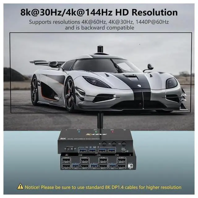 Alt view image 2 of 7 - Dual Monitor Displayport KVM Switch 8K@30Hz 4K@144Hz, USB 3.0 KVM Switches 3 Computers 2 Monitors Displayport 1.4 with 4 USB 3.0 Ports for USB Devices, DP Monitor Switch for 3 PCs, with Wired Remote