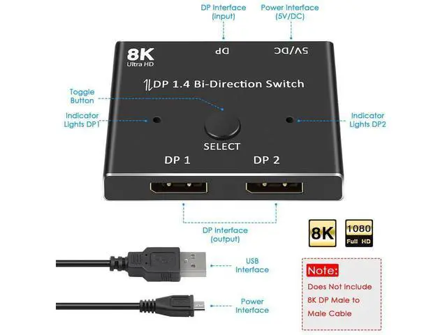 Alt view image 2 of 7 - DisplayPort Switch 8K Splitter Bidirectional DP 1.4 Switcher 2 in 1 Out/1 in 2 Out Supports 8K@60Hz 4K@120Hz Compatible with PC Host Monitor Laptop etc eokCXOY