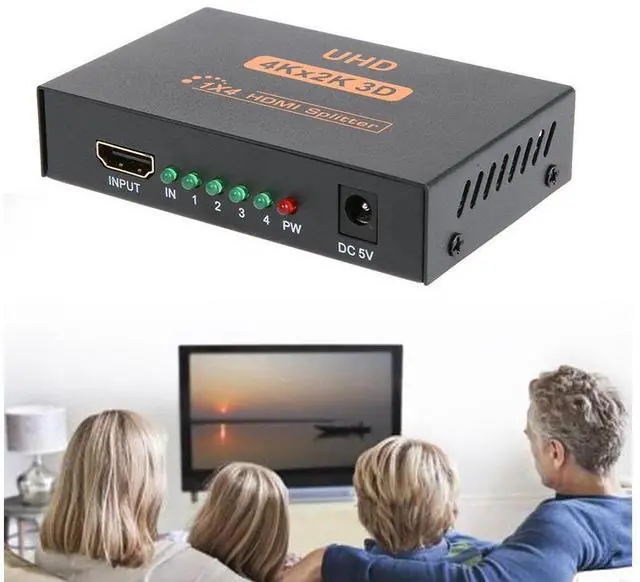Alt view image 5 of 7 - HDMI Splitter 1 in 4 Out 4 Port 1x4 Full HD 3D 1080P HDMI 1.4 Splitter with Switcher Converter Support 4KX2K 3D Digital Audio Format-Black(4 Port HDMI Splitter 4K) eokCXOY