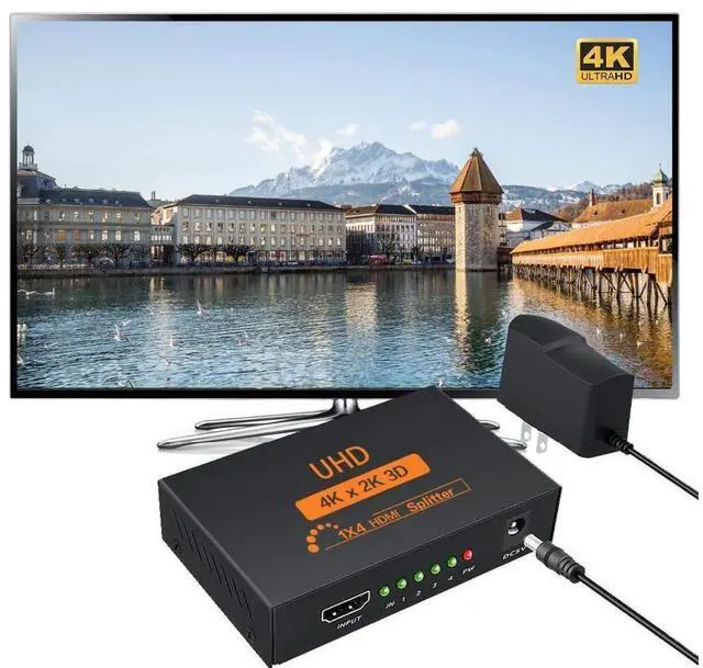 Alt view image 6 of 7 - HDMI Splitter 1 in 4 Out 4 Port 1x4 Full HD 3D 1080P HDMI 1.4 Splitter with Switcher Converter Support 4KX2K 3D Digital Audio Format-Black(4 Port HDMI Splitter 4K) eokCXOY